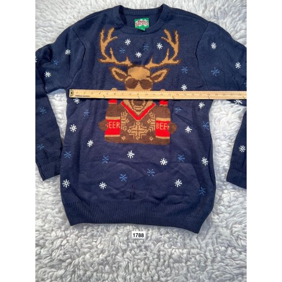 Christmas Party Sweater Mens Blue Med Deer with Beer Sunglasses Long Sleeve - Picture 2 of 7
